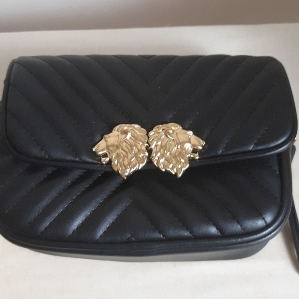 Zara Black Quilted Crossbody Bag with Gold Lion Details